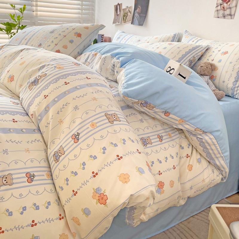 Small Fresh Washed Cotton Four-piece Set, Bedding Quilt Cover, Dormitory Single Bed Three-piece Set