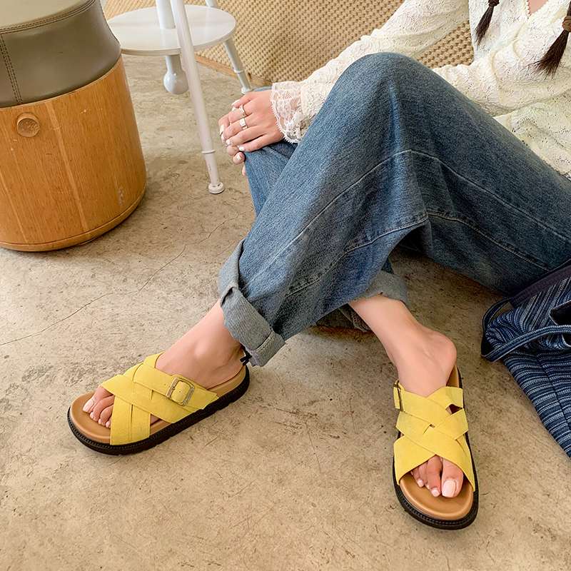 Krazing Pot Cow Suede Nubuck Summer Size 40 Outside Slippers Flat Platform Flip Flops Low Heels Women Peep Toe Sandals