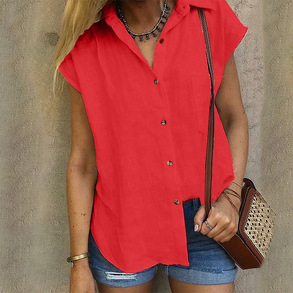 Women's Casual Loose Color Cotton Linen Lapel Short Sleeve Cardigan Tops