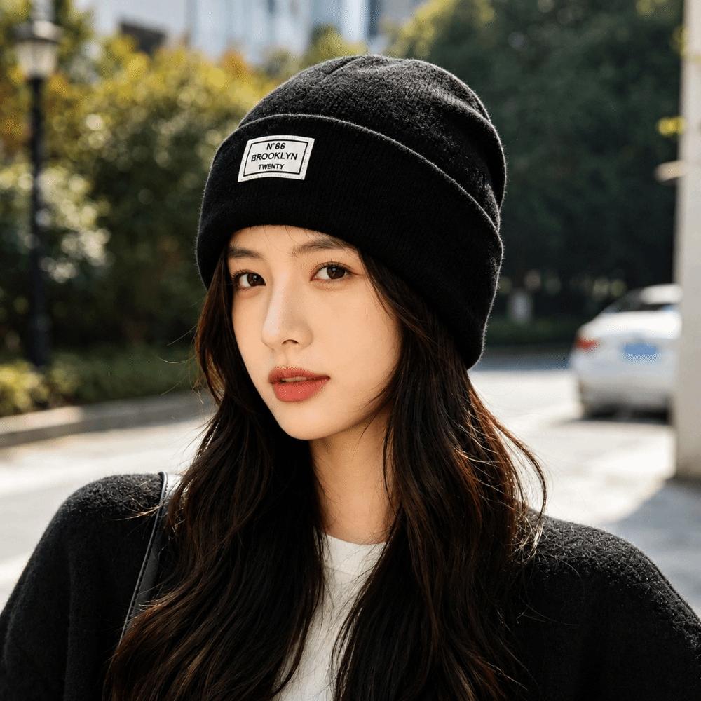 Letter Patch Pullover Cap Solid Color Crochet Hats Fashion Knitted Hat  Men