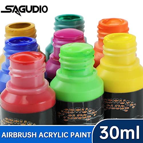 SAGUDIO Airbrush Acrylfarbe Set 24 * 30ml (1 Unze) Grundfarben mit Farbkreis - Airbrush-Farbset, bereit für die Airbrush-Malerei.