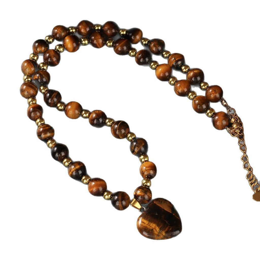 Mother's Day Gift Natural Stone Black Gallstone Tiger's Eye Stone Love Pendant Necklace Women's Fashion Alloy Necklace Adjustable