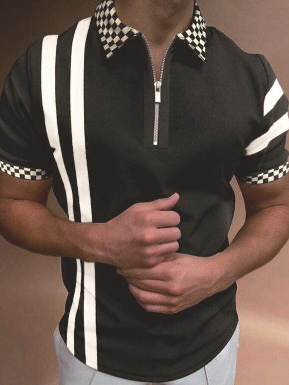 Trendy short-sleeve polo with zipper, chain print casual top.