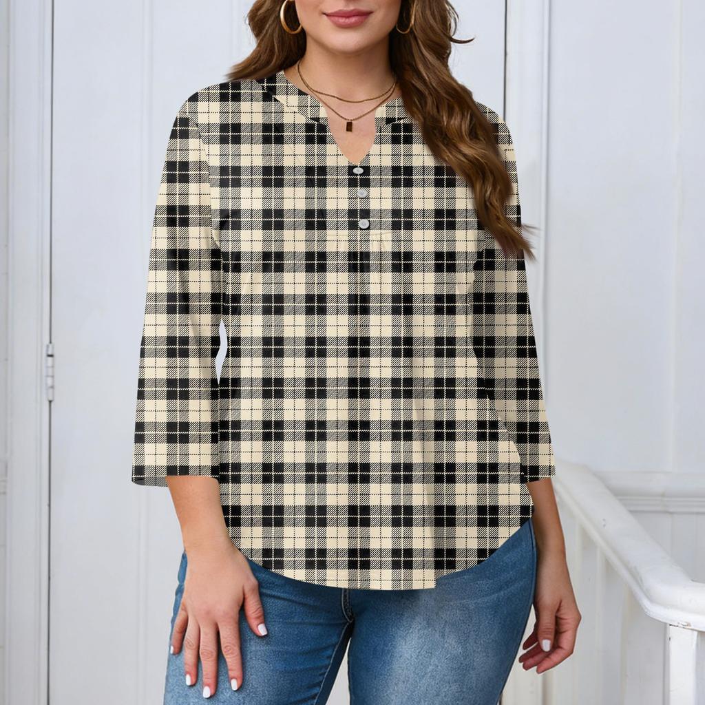 Women's Plus Size Fashionable Casual Loose Fit Three Quarter Sleeve Elegant Button Up V Neck Top