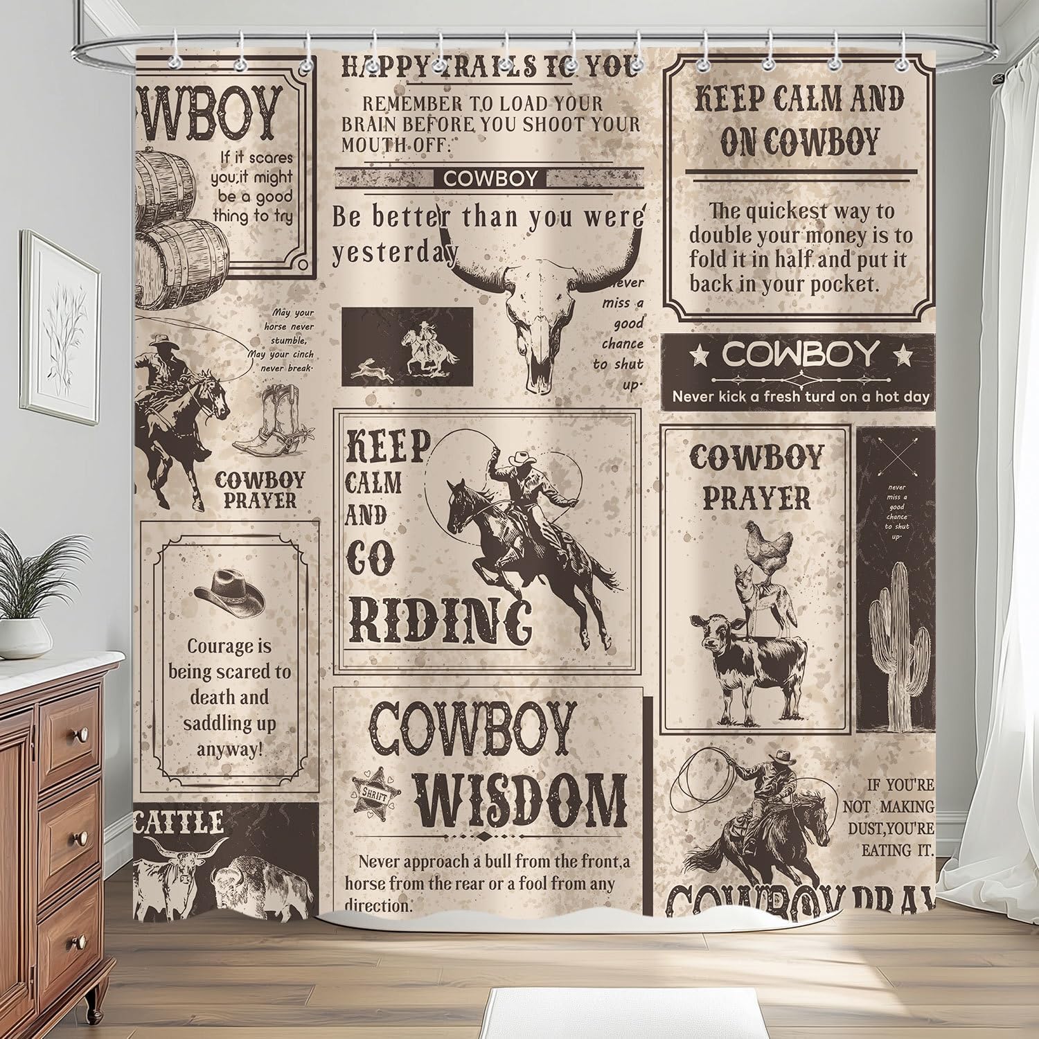 Creative Homewares Brown Western Cowboy Shower Curtain, Vintage Rustic Country Farmhouse Wild West Shower Curtains For Bathroom Funny Masculine