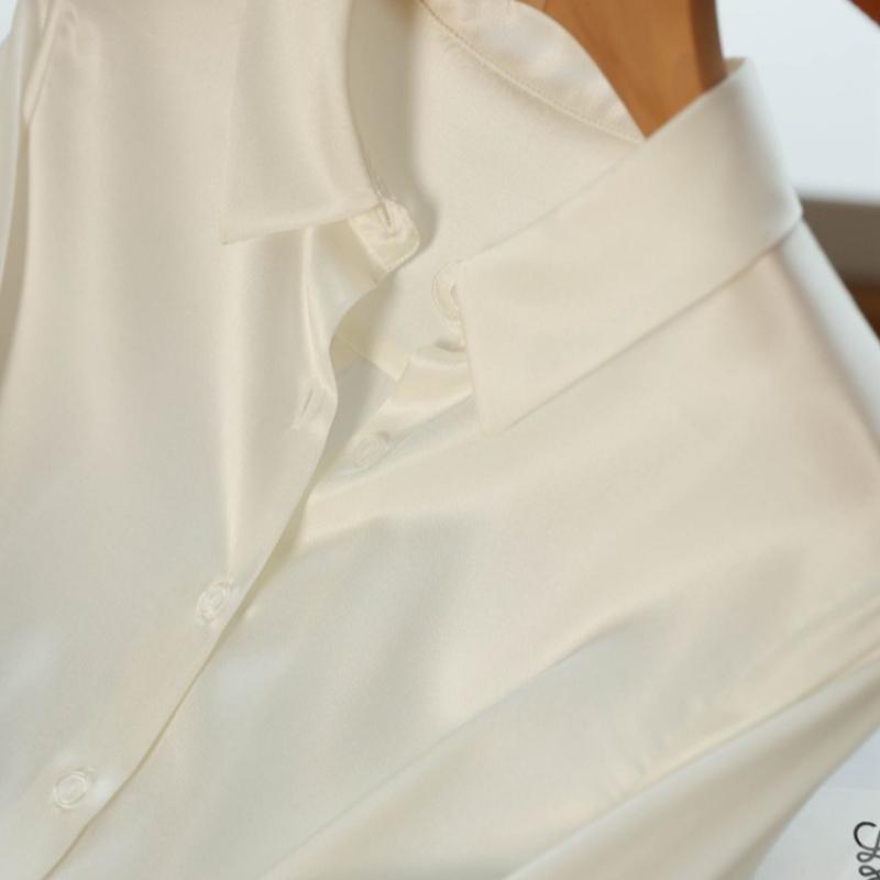 Mote Uformelt kontor Dame satengskjorte Løse lange ermede topper Solid Plus Size Damebluser Elegant Button Up Vintage Enkle Dameskjorter 25678