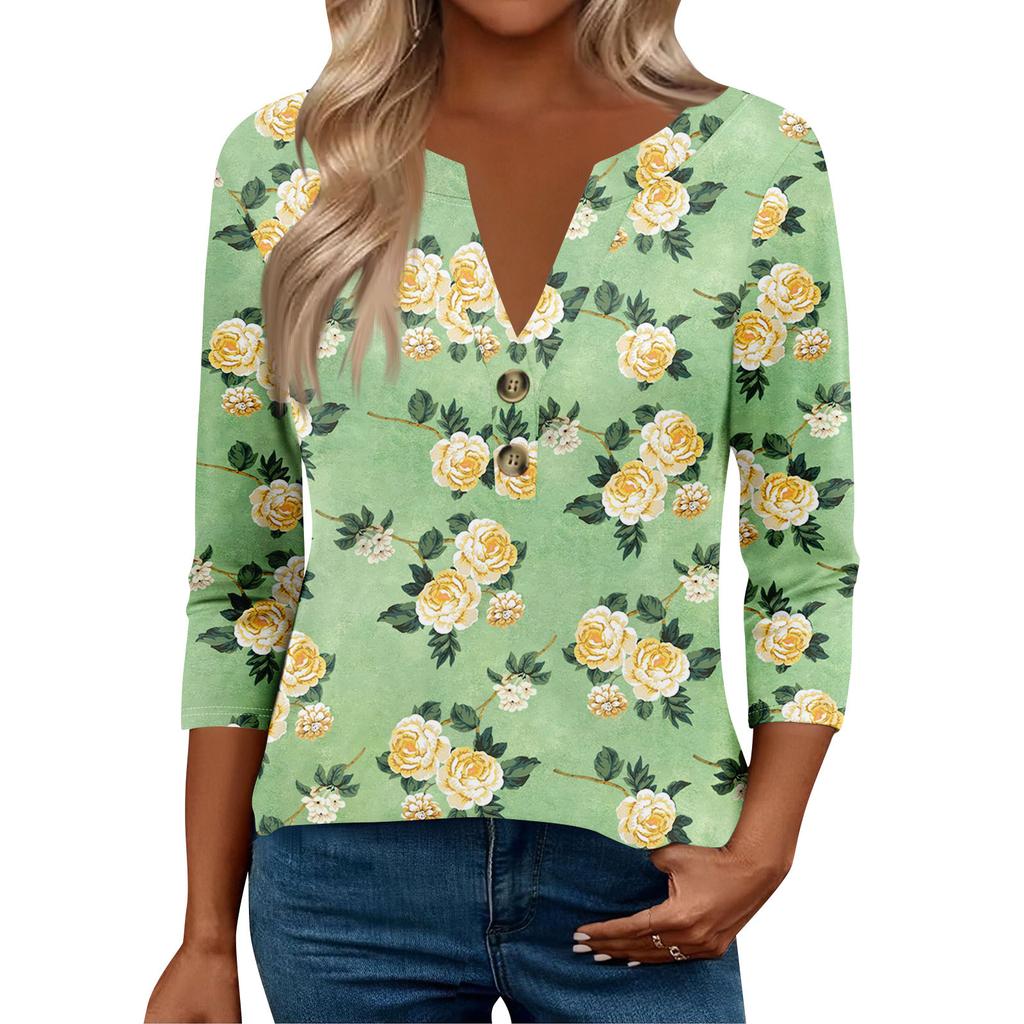 3/4 Sleeve Womens Tops For Women Henely Tops Button V Neck  Loose Fit Dressy Womens Summer Tops