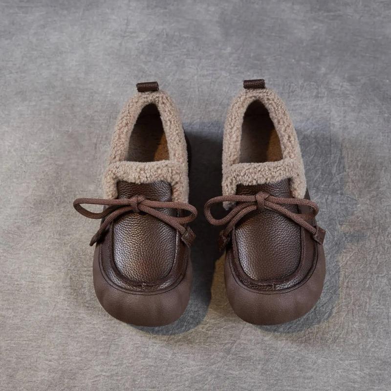Johnature Plush Warm Loafers Thick Soled Casual Genuine Leather Versatile Round Toe Cotton Shoes
