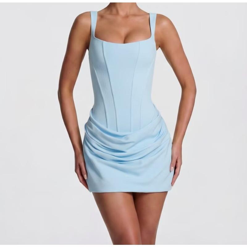 New Women's Clothing French Sexy Wind Square Neck Sleeveless Hip Wrap Strap Waist Short Midi Vest Dress