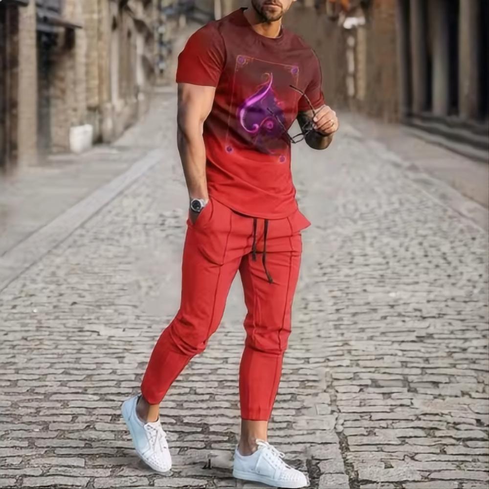 2024 Herren Sommeranzug Gradient Trend Kurzarm T-Shirt Lange Hose 2-teiliger Anzug 3D-Druck Retro-Stil Rundhals Streetwear