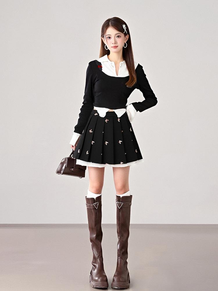 2026 Spring Women's High-Waist Sweet Butterfly Embroidery Pleated Short Skirt