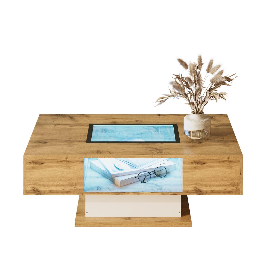Coffee table, living room table with color-changing LED light, with glass, side table with two drawers