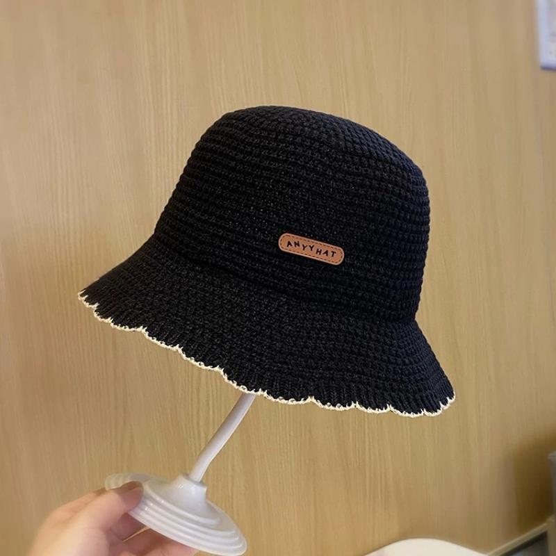 French Wavy Edge Knit Bucket Hat Summer Fashion Breathable Foldable Outdoor Sun Hat