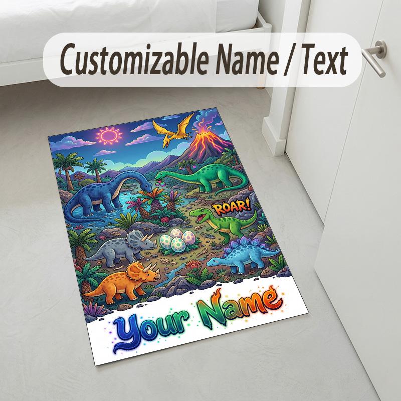Dinosaur Theme Crystal Velvet Rug Personalized Custom Name Text Soft Floor Mat Home Decor