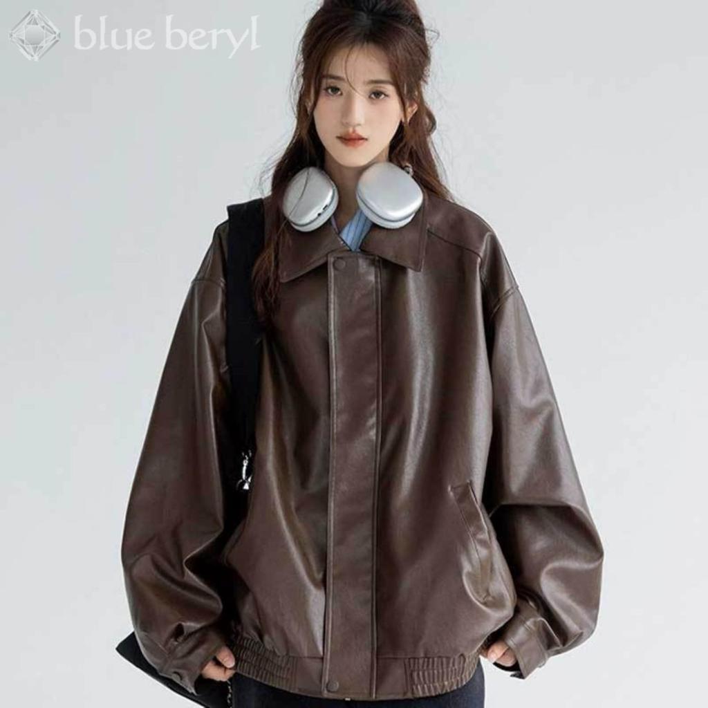 Blue Beryl Women's Faux Leather Jacket/Blouson, PU Leather, Loose Fit, Zip-Up, Warm, Lined, Brown, BB052-BR-2XL