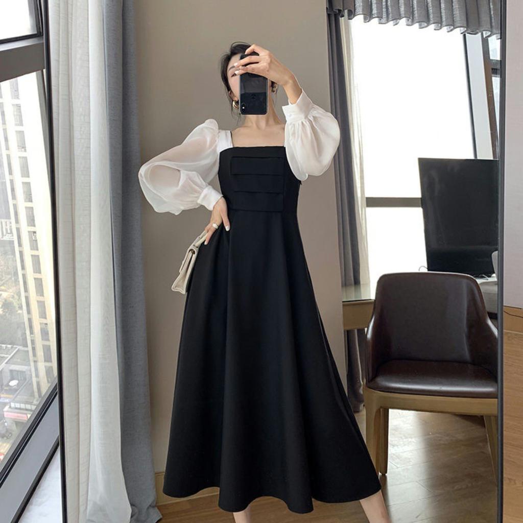 Women's Square Neck Long Sleeve A Line Midi Dress Vintage Elegant Solid Color Fall Dress