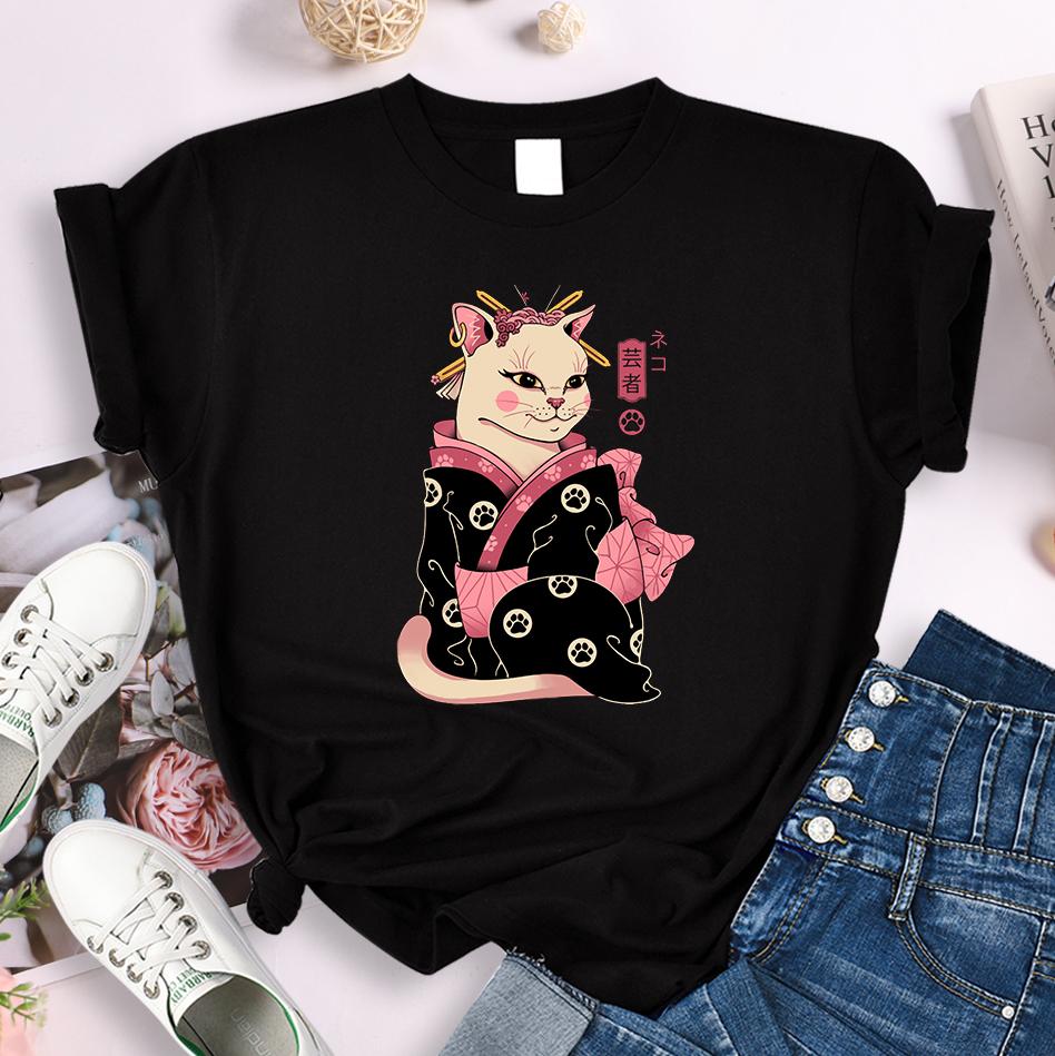 

Pink cat in a kimono Cartoons printing Short sleeve woman s t-shirt female summer oversized tshirt Japanese Casual fashion tees 3XL чорний