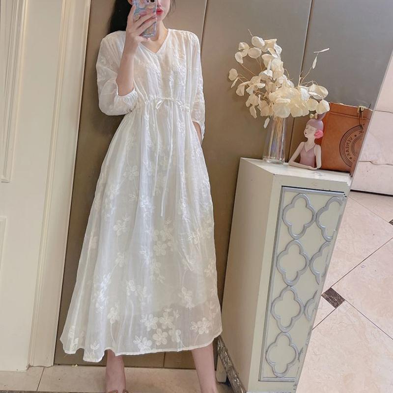 

Тяжелое вышитое платье из рами с V-образным вырезом и завышенной талией, женское летнее дзен-платье, длинное, в литературном ретро-стиле, высококачественное, из хлопка и льна, длинная юбка XL