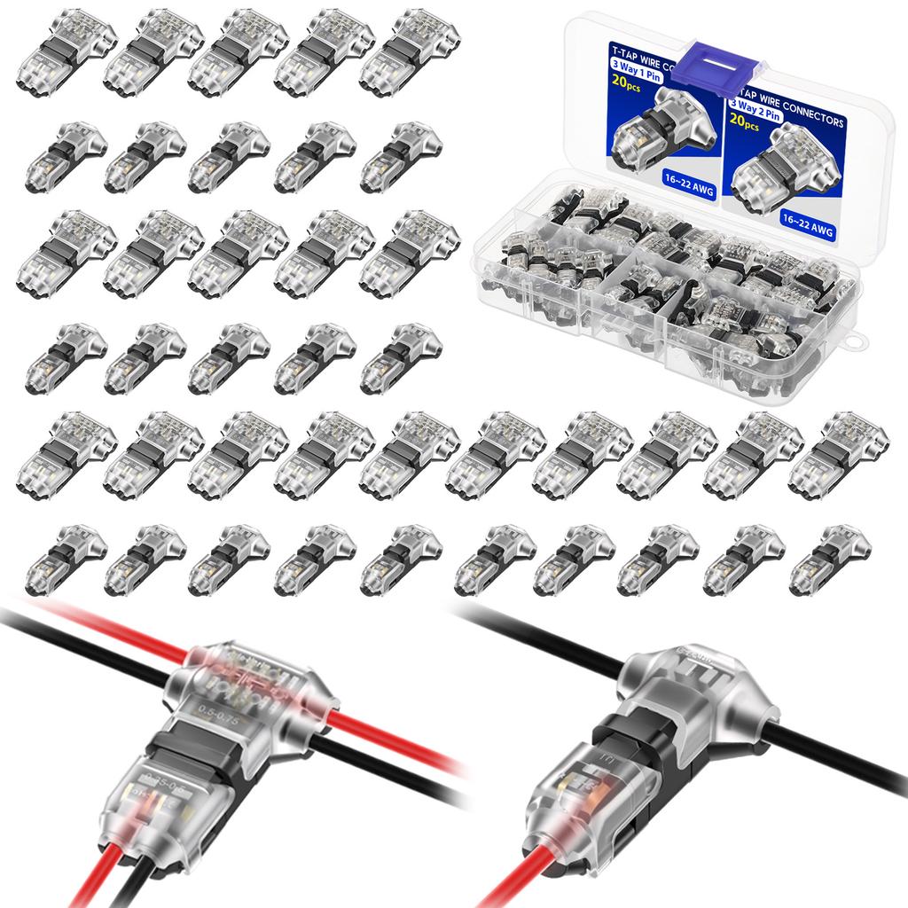 40Pcs T-Tap Wire Connectors Kit 16-20 AWG 3 Way 1 Pin & 2 Pin Electrical Wire Splice Connectors Waterproof Electrical Connector