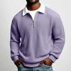 Men's Solid Big Waffle Knit Long Sleeve Polo Shirt, Lapel Zip Casual Sports Top for Autumn