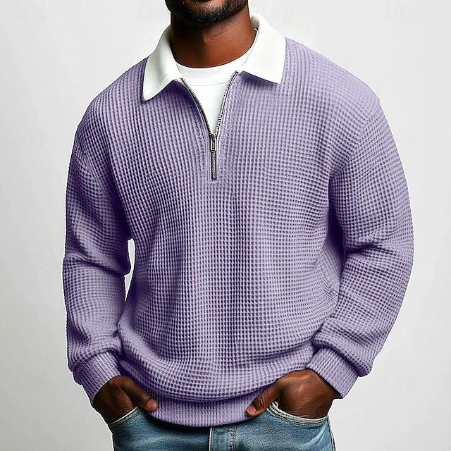 Men's Solid Big Waffle Knit Long Sleeve Polo Shirt, Lapel Zip Casual Sports Top for Autumn