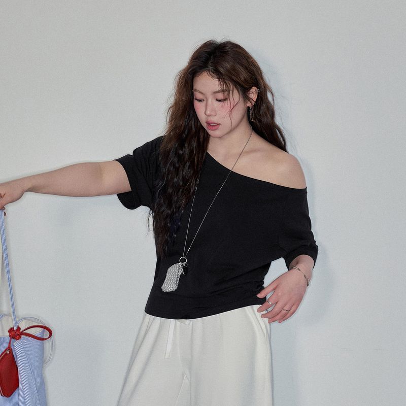 

Zhang Ren Summer OOTD Wear Plus Size Women s Clothing Plus Size Ladies Slimming Suit Korean Style Oblique Shoulder Tops High Waist Loose Pants Black Tops - Second Batch 3XL