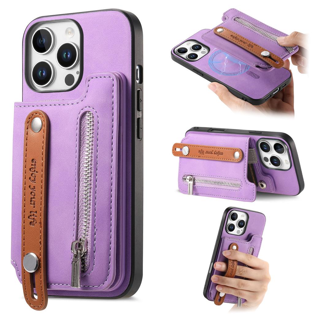 For iPhone 16 Pro Max Case Zipper Card Holder Leather+TPU+PC Phone Cover 2-in-1 Magnetic Detachable