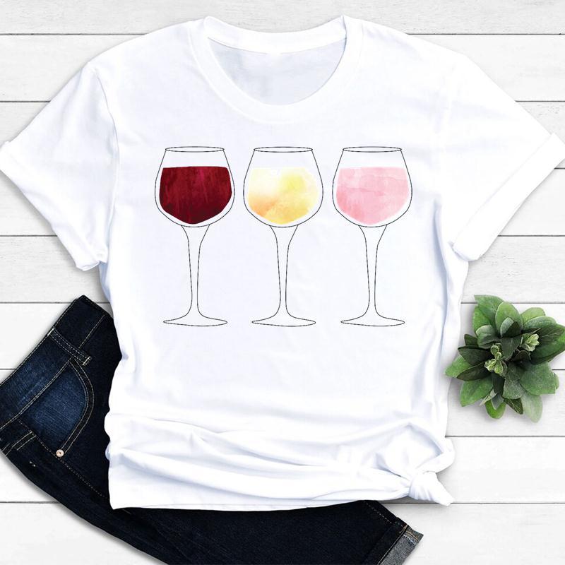 Womens Vintage Tee Color Wine Glass Print a Generation Hair Base Shirt Trend Aesthetic Graphic T Shirts Casual Tops