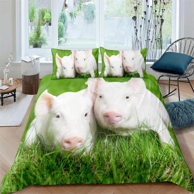 Farm Animal Duvet Cover Kawaii Pig Bedding Set Polyester Pigs Floral Comforter Cover Twin King For Teen Boy Girl Gift Room Decor