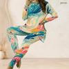 Women Plus Size Two Piece Pant Set Round Neck Long Sleeve Printed Pink Purple Longline Top And Fitted Pants