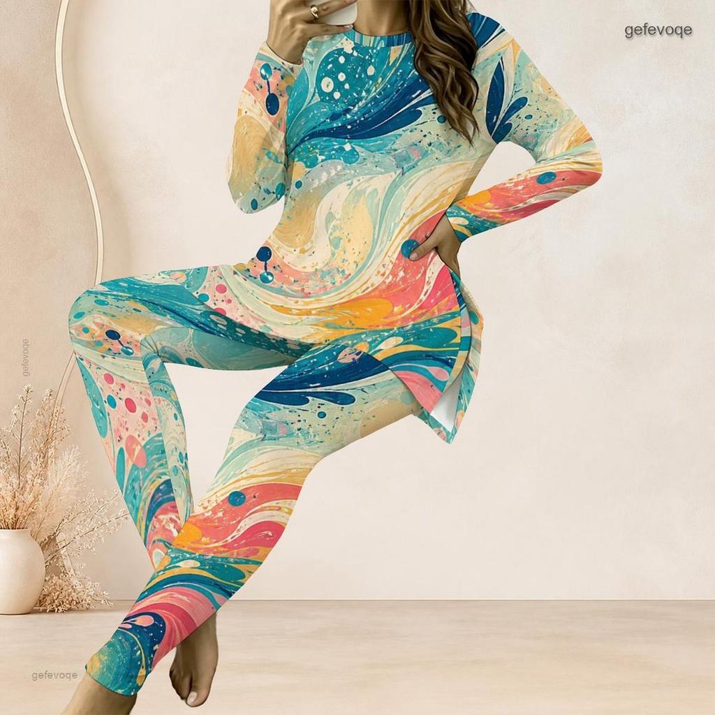 Women Plus Size Two Piece Pant Set Round Neck Long Sleeve Printed Pink Purple Longline Top And Fitted Pants