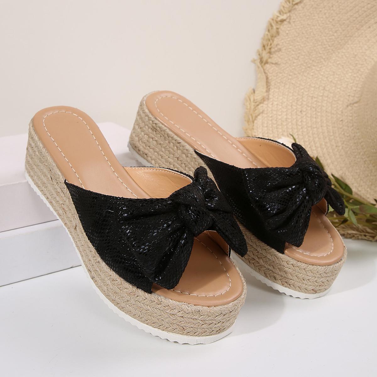 

Летние туфли с круглым носком, большого размера 40-43, для улицы, с бантом, из пеньковой веревки, на толстой подошве, крутые шлепанцы, женские сандалии 43 чёрный