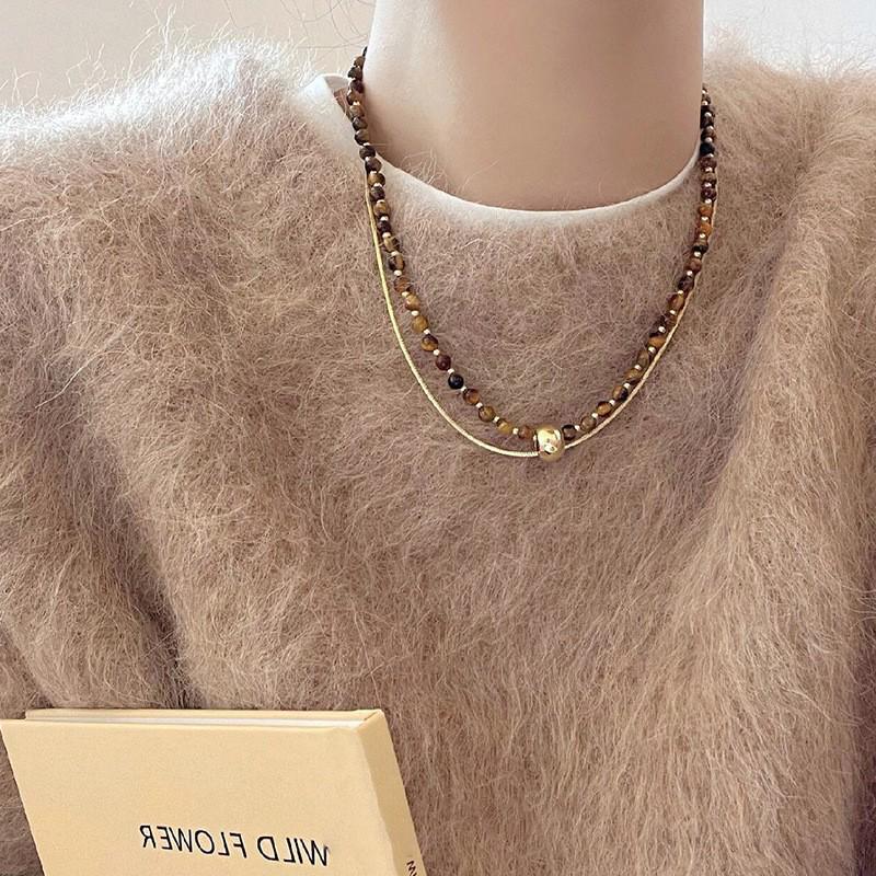 18k vergoldete Tigerauge Perlenanhänger Halskette - Retro Schlüsselbeinkette für Herbst/Winter.