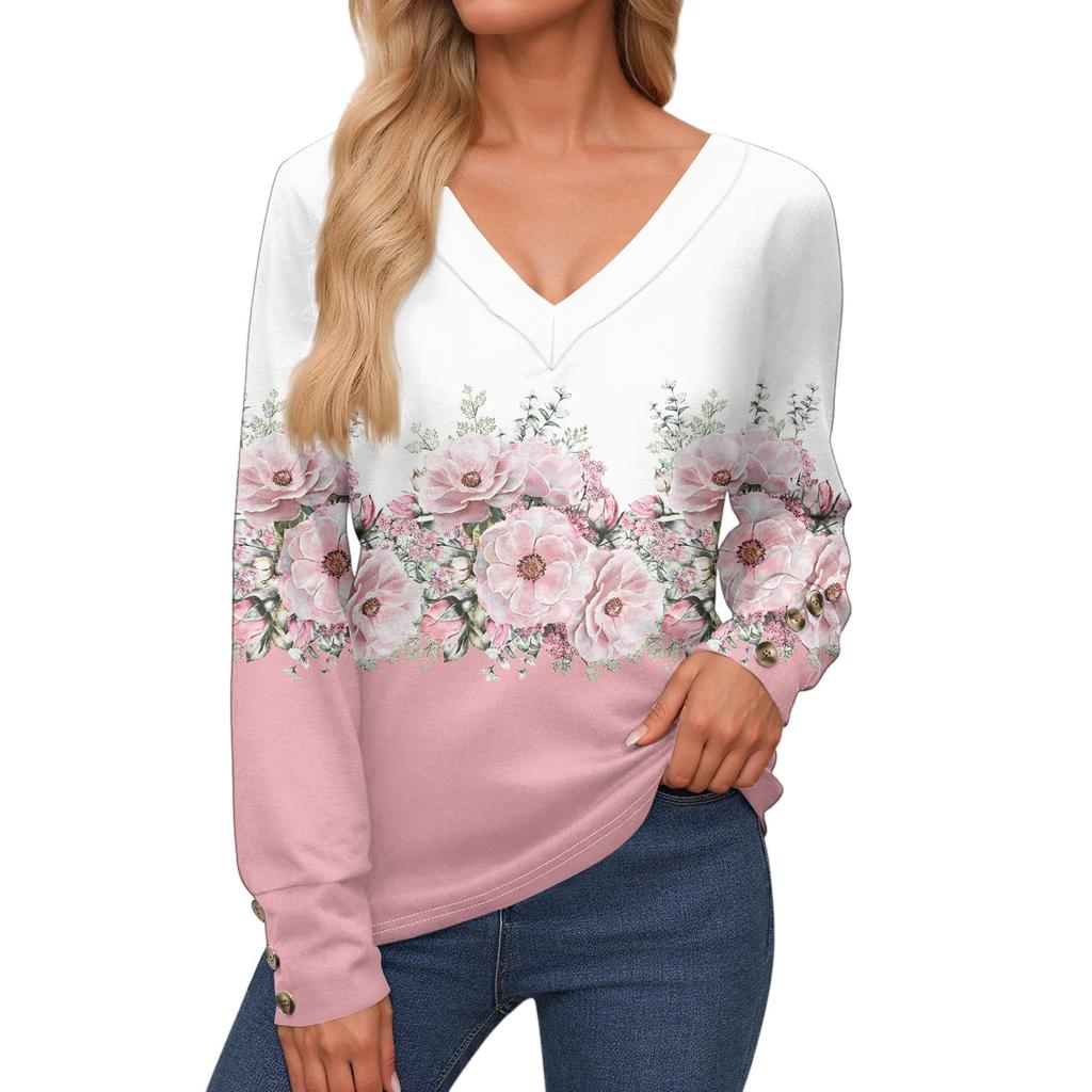 Damenoberteile Langarmmanschetten Button-Up-Hemd V-Ausschnitt Lässiges Lockeres T-Shirt Blumenoberteile