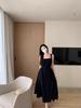 "Women's Black & White French-Inspired A-Line Suspender Dress - Pleated Waist, Plus Size, Spring/Autumn"