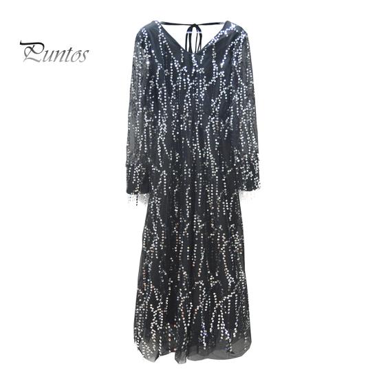 

Женское вечернее платье с пайетками, кисточками, V-образным вырезом, длинными рукавами, А-силуэтом, плиссированным двухслойным платьем с тонкой талией и регулируемыми бретелями для свадебного коктейля S чёрный