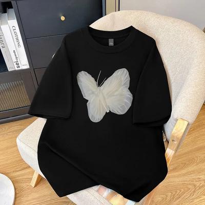 Trendy Fashion Pure Cotton Round Neck Korean Short Sleeved T-shirt Women Summer Butterfly Print Wide