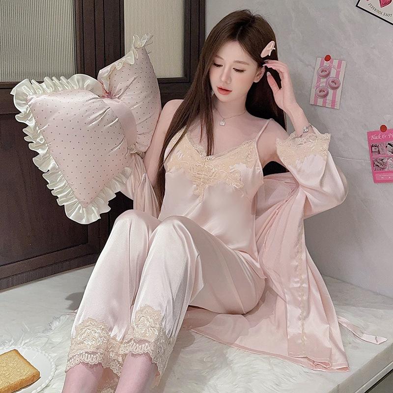 Summer new home wear ice and snow silk three-piece set, sweet fashion, sexy V-neck camisole pants for women