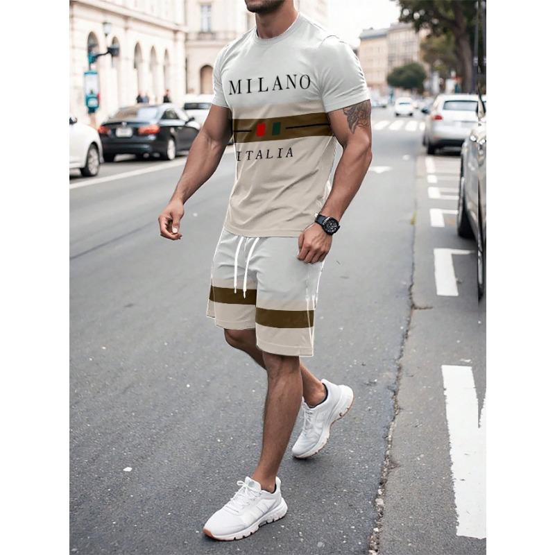 Summer Men's Stripe Letter Print Short Sleeve Top Shorts 2 Pieces Set Oversized Loose Round Neck T-shirt Man Drawstring Shorts
