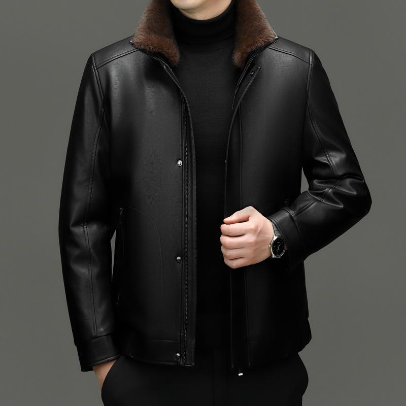

Куртка из натуральной кожи для мужчин среднего возраста с воротником-стойкой, съемная бархатная подкладка, зимняя куртка из овчины «папа» 195