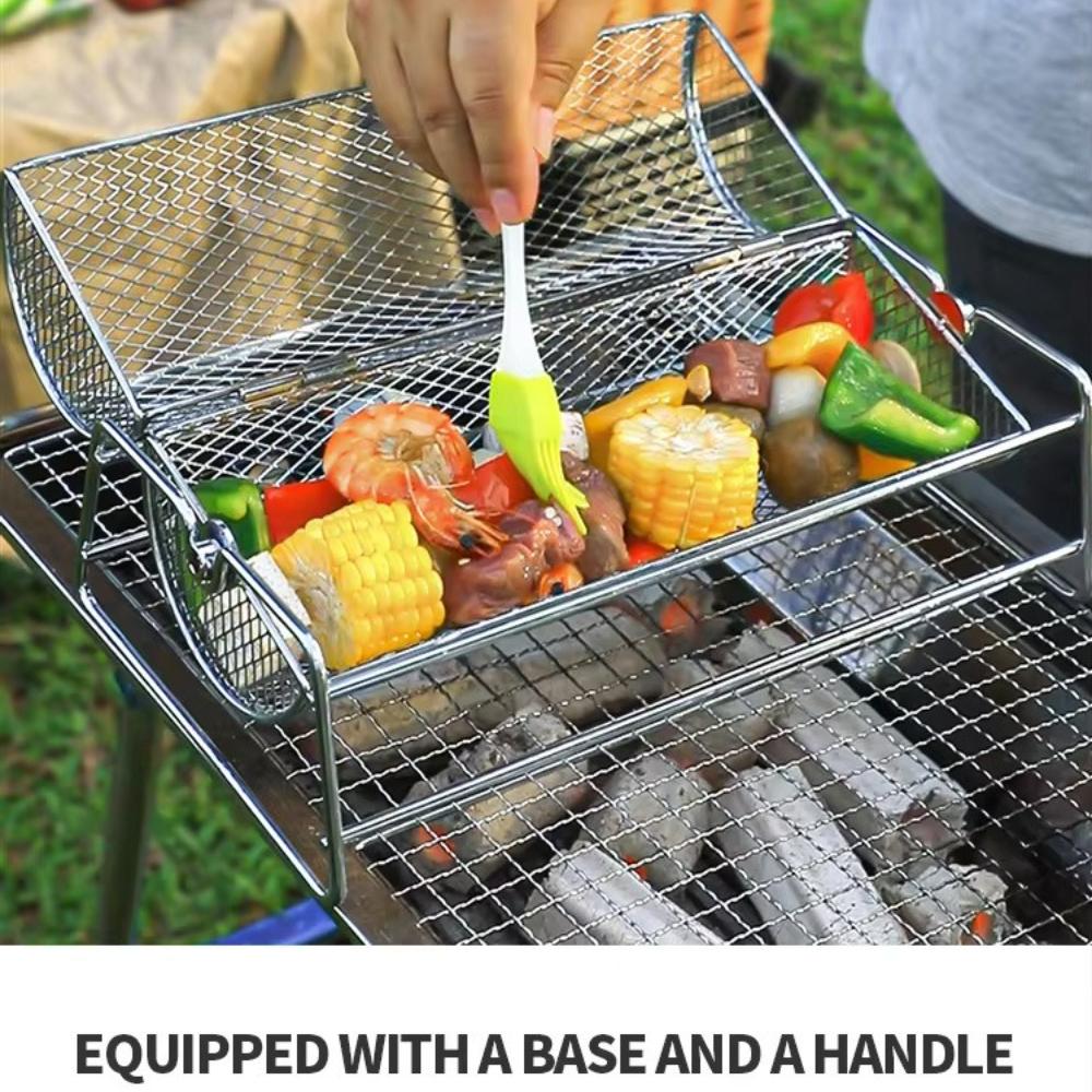 Heavy Duty Stainless Steel Outdoor Rolling Grill Basket Rotatable Barbecue Mesh Cage Practical Roasting Accessory For Camping