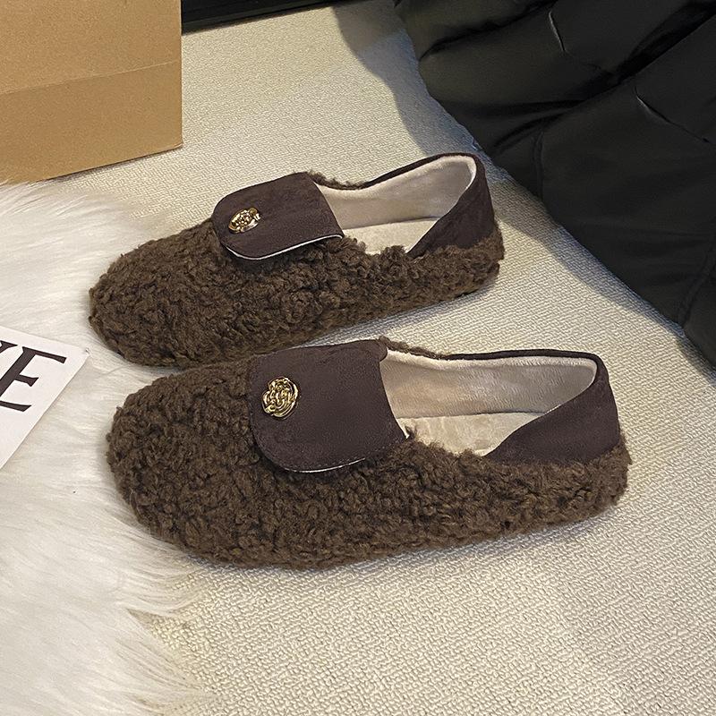 French Flat-soled Lamb Wool Shoes Women's Shoes Wear 2025 New Autumn and Winter Velvet Cotton Shoes Soft-soled Beanie Shoes