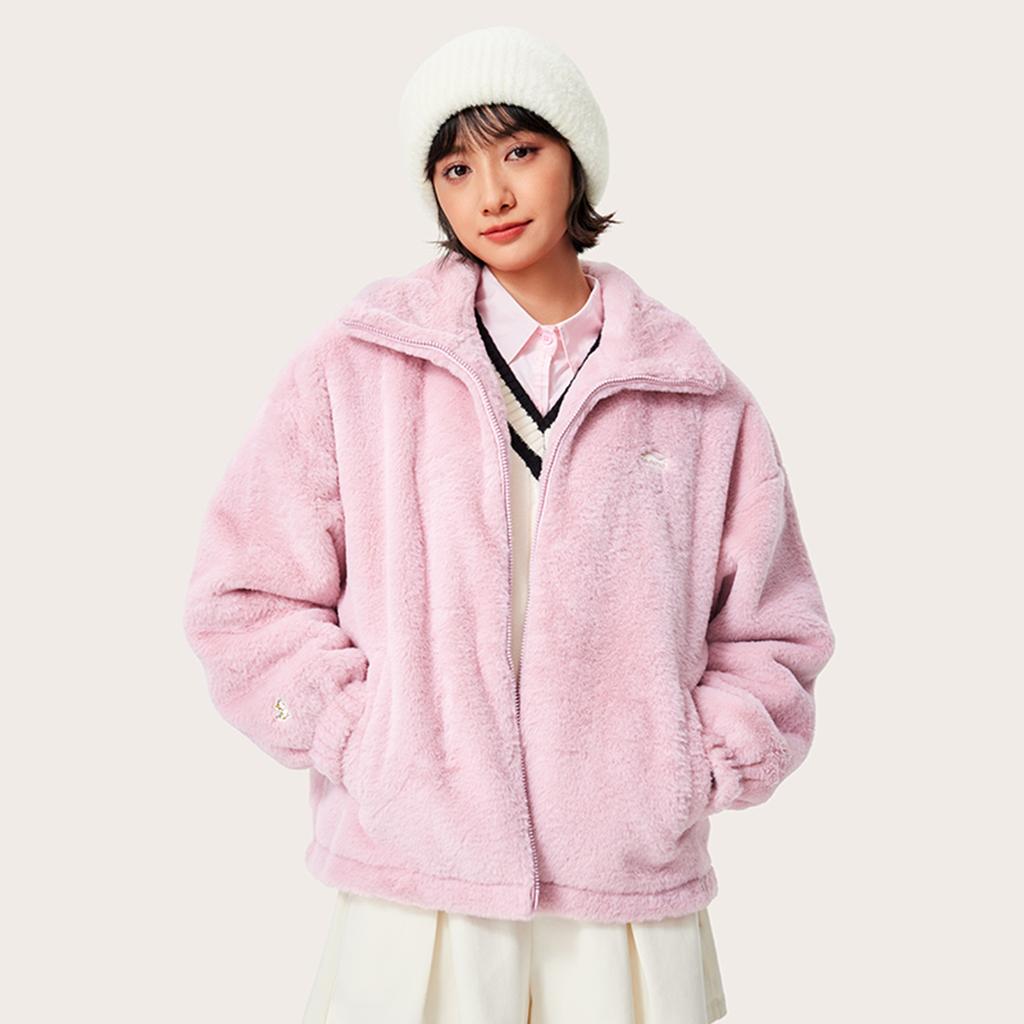 Li Ning Sports Lifestyle Series Faux Rabbit Fur Warm Plush Collar Windproof Casual Comfortable Versatile Fleece Jacket Women Jackets AFDUC96-4