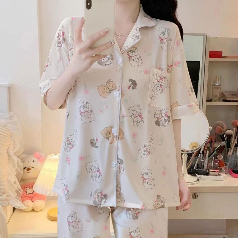 Sweet and Cute Pajamas Women's Summer Short-sleeved Trousers Girls Loungewear Suit