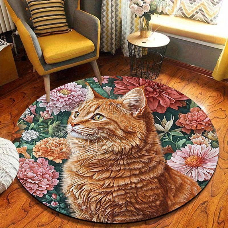 Orange cat with floral pattern Flannel-printed round floor mats are slip-resistant Suitable living room terrace garden carpets