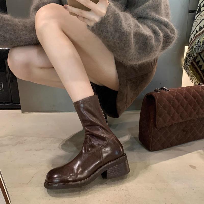 Anti-slip Shoes, Retro Round Toe Thick-soled Back Zipper Boots, Ankle Boots for Women