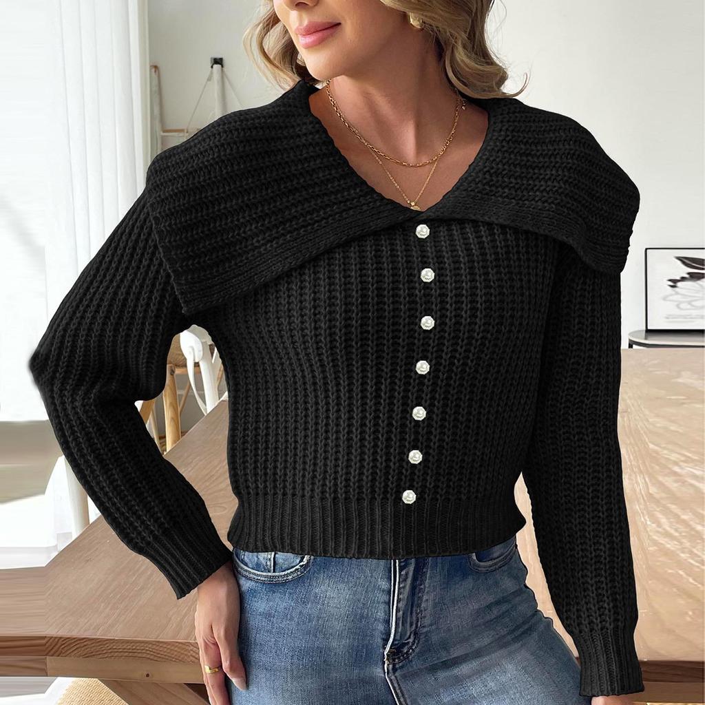 Damen Herbst und Winter Kurzes Top Perlennagel Perlenpullover Mit Großem Kragen Pullover Pullover