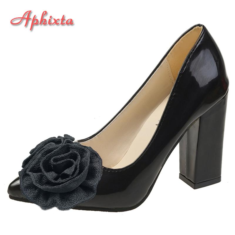 Fashion Aphixta New 7cm Square Heel Patent Leather Shoes Women Pumps Dark Green Flowers Officile Pointed Toe Plus Size 49 50