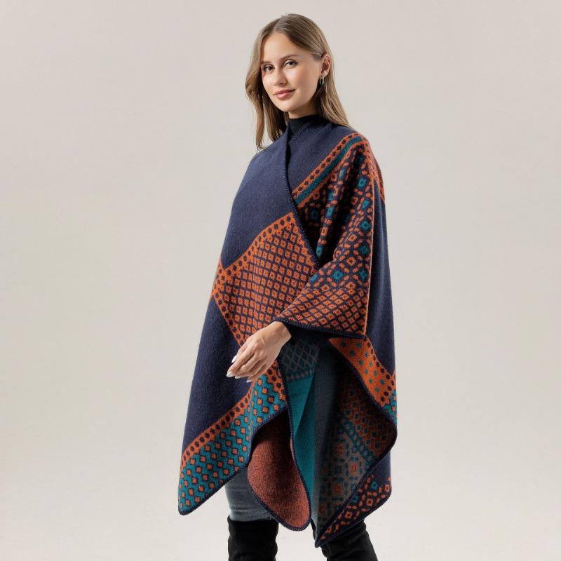 Vintage Geometric Diamond Print Open Front Poncho Cape Thick Knit Travel Blanket Wrap Shawl