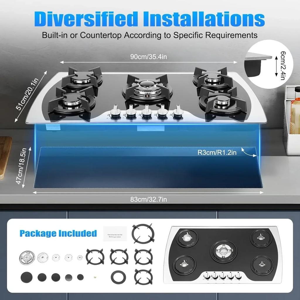 5 Fire Gas Stove Gas Stove with Automatic Thermoelectric Protection, Natural Gas/propane, Black Glass, Used In Family Kitchen